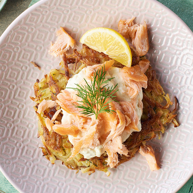 HOT SMOKED SALMON ON POTATO ROSTIS