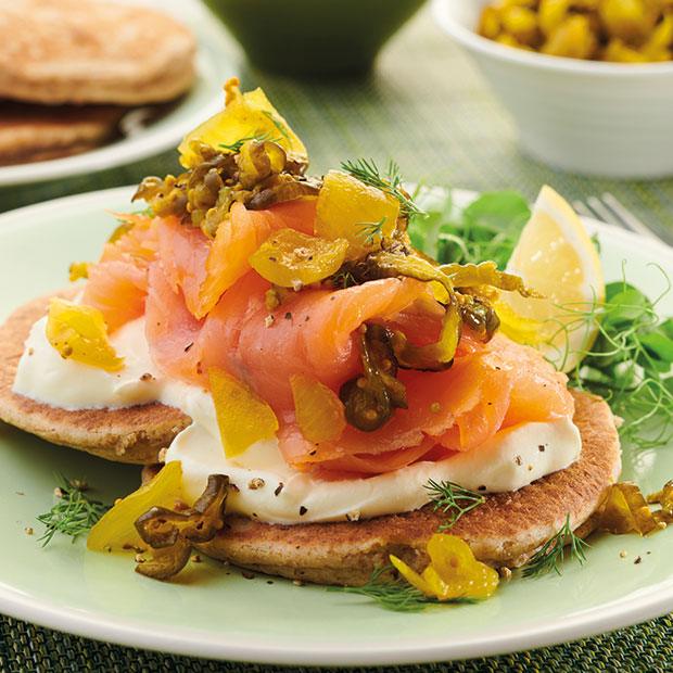 WHOLEGRAIN PANCAKE WITH SMOKED SALMON & SWEET CUCUMBER PICKLE - DukesHill