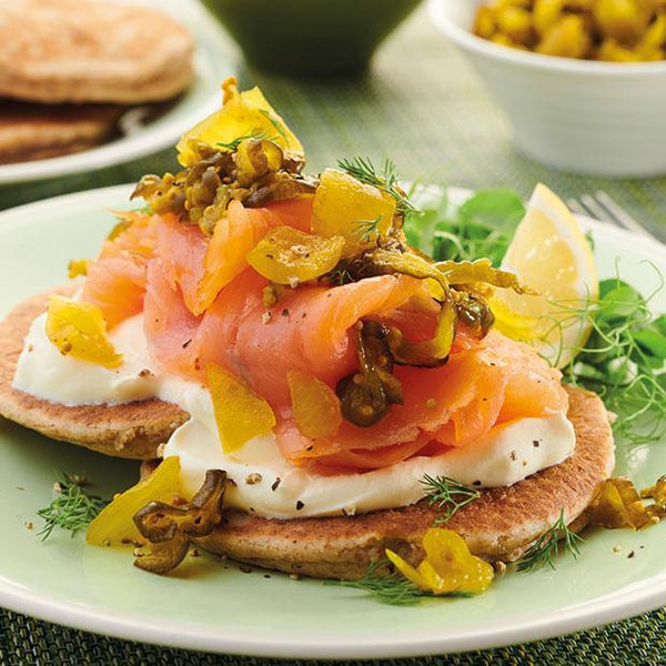 WHOLEGRAIN PANCAKE WITH SMOKED SALMON & SWEET CUCUMBER PICKLE - DukesHill