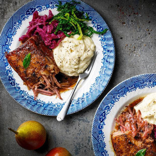 PORK CONFIT WITH CELERIAC & PEAR MASH AND BRAISED RED CABBAGE - DukesHill