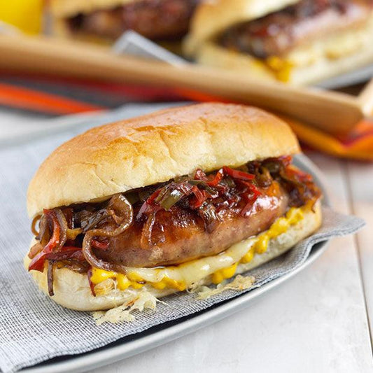HOT DOGS WITH SWEETENED BALSAMIC ONIONS & CHEESE - DukesHill