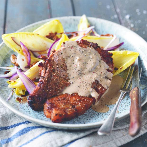 GORGONZOLA PORK CHOPS WITH A CHICORY & WALNUT SALAD - DukesHill