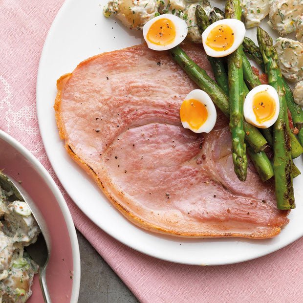 GAMMON STEAKS WITH ASPARAGUS, QUAIL EGGS & POTATO SALAD - DukesHill