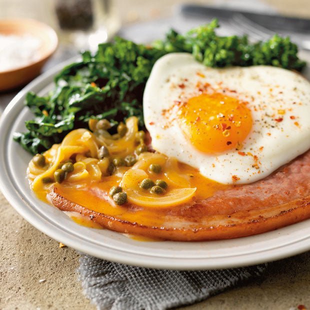 GAMMON STEAKS WITH CAPER GRAVY AND EGGS - DukesHill