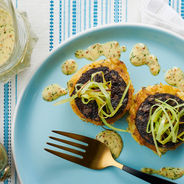BLACK PUDDING & SMOKED HADDOCK FISHCAKE WITH WARM MUSTARD DRESSING