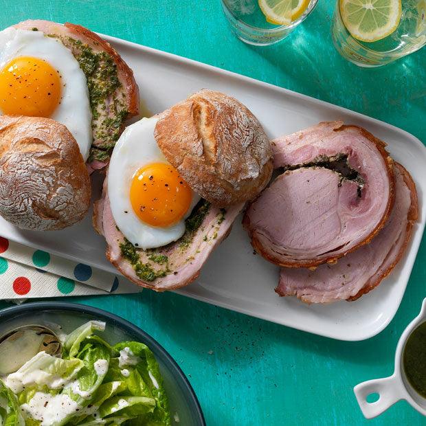 PORCHETTA & DUCK EGGS BAPS WITH CAESAR SALAD - DukesHill