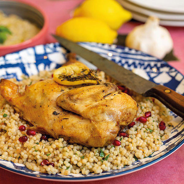 ROAST CHICKEN WITH LEMON THYME & ROASTED GARLIC WITH HERBY COUSCOUS AND BABA GHANOUSH