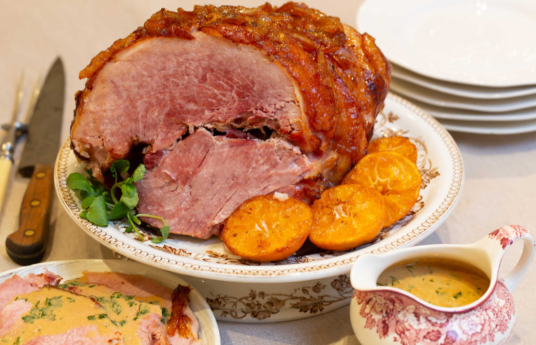 Glazed Ham with Sarah’s Pickled Oranges and Cider Sauce