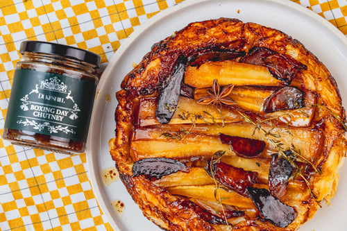 ham and parsnip tarte tatin next to jar of boxing day chutney