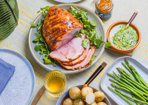 Glazed lemon marmalade ham and wild garlic pesto