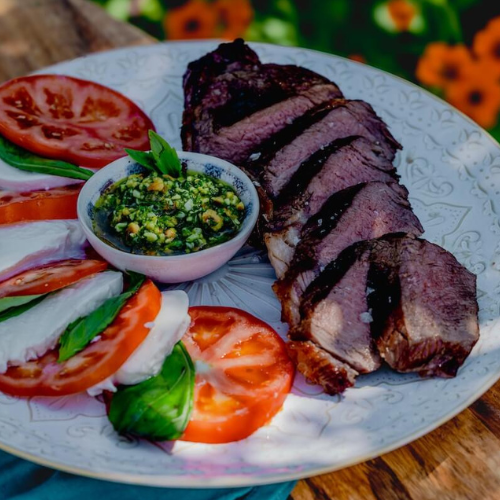 Reverse seared sirloin and hazelnut rocket pesto