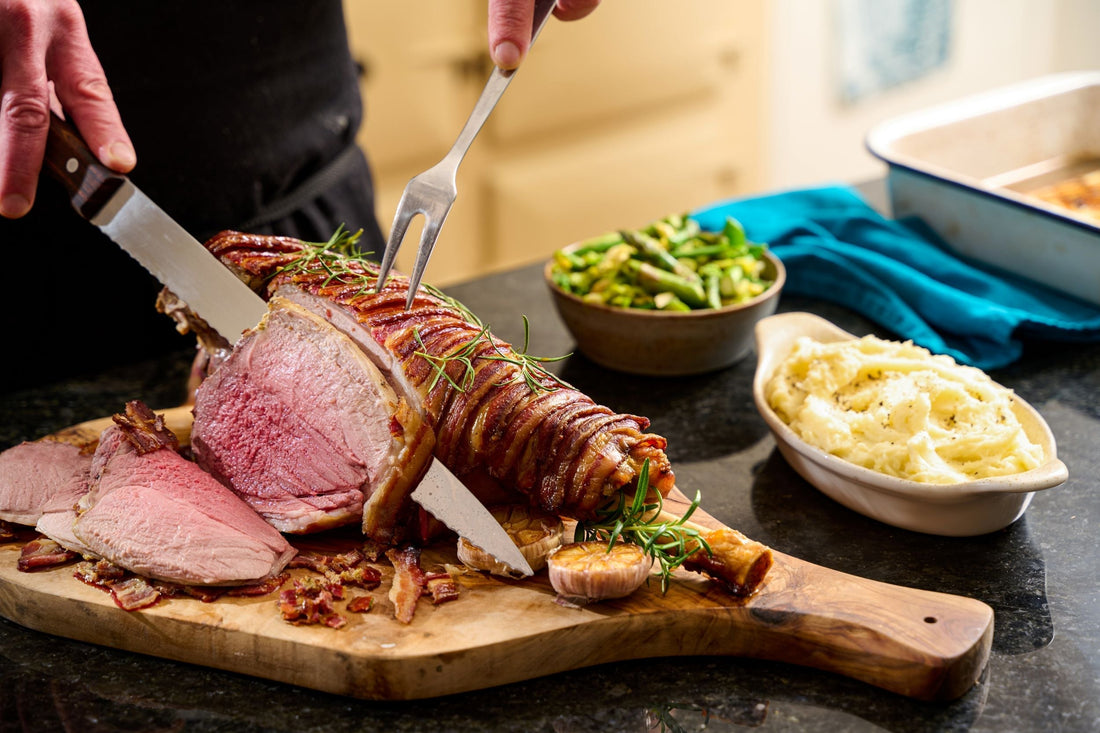 Streaky Bacon–Wrapped Leg of Lamb with Honey & Mustard Glaze - DukesHill