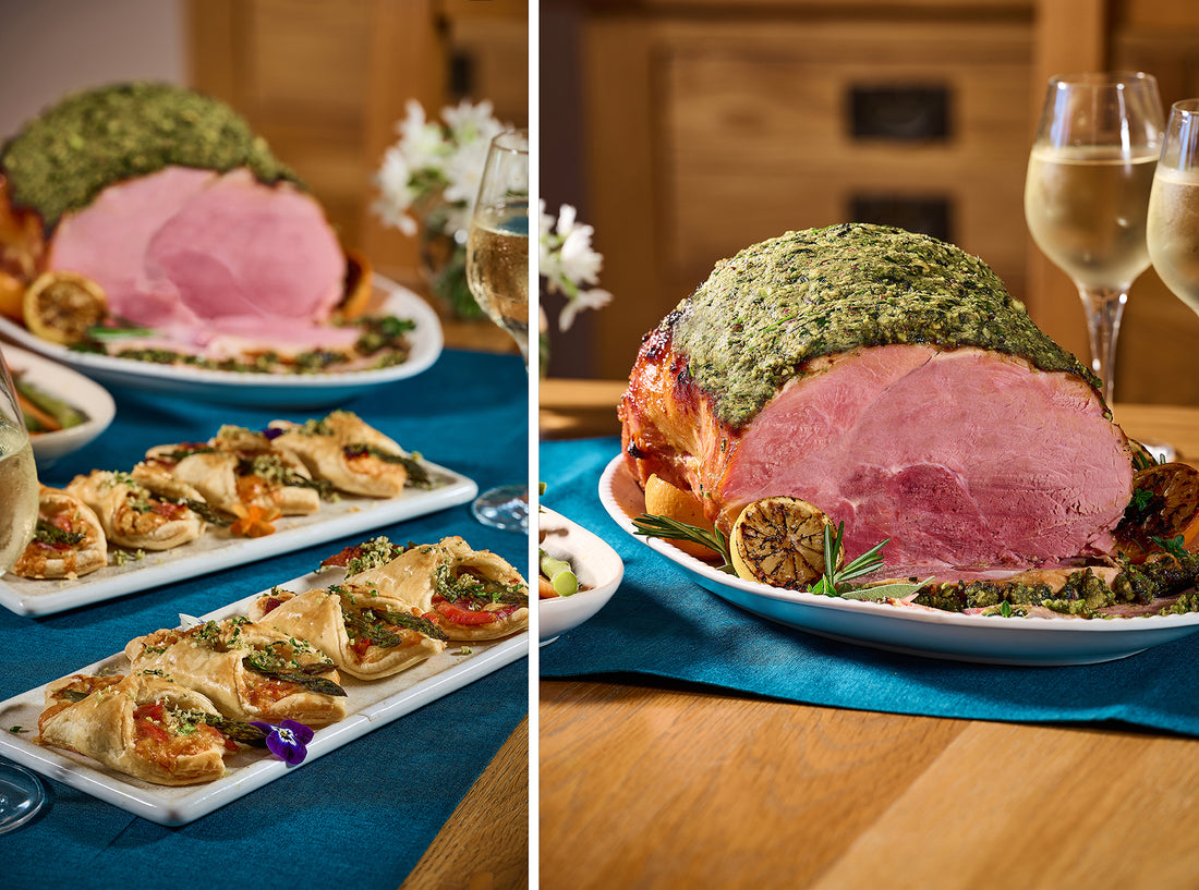 Pistachio-Crusted Maple & Marmalade Glazed Wiltshire Ham with Asparagus, Ham & Cheese Pastry Bites - DukesHill