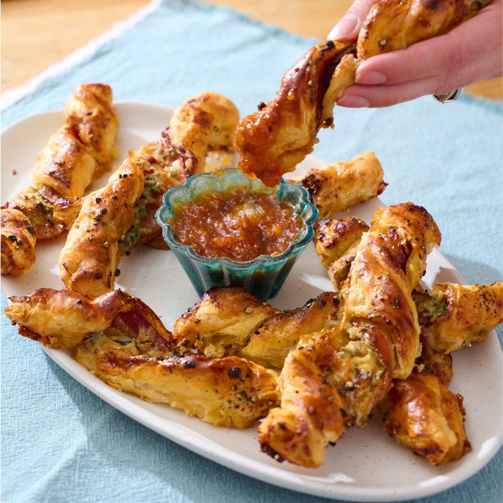 Streaky Bacon & Beauvale Blue Puff Pastry Twists with Bacon Jam - DukesHill