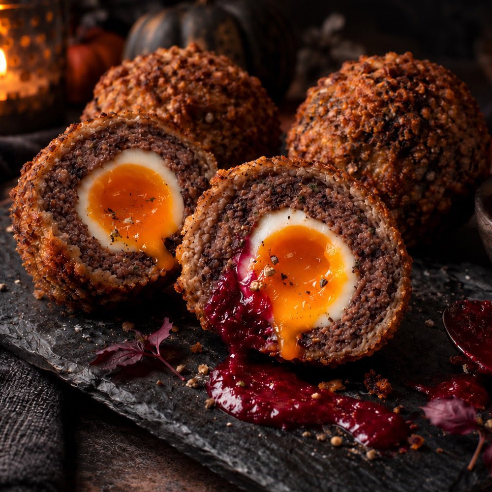 Black Pudding Scotch Eggs with Beetroot “Blood” Ketchup - DukesHill