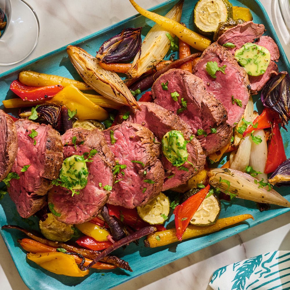 Chateaubriand for Sharing with Red Wine Shallot Jus, Truffle Butter & Roast Vegetables - DukesHill