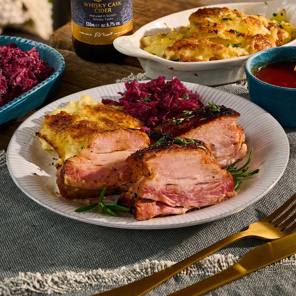 Charred Pork Belly Confit with Whisky BBQ Glaze & Braised Red Cabbage - DukesHill