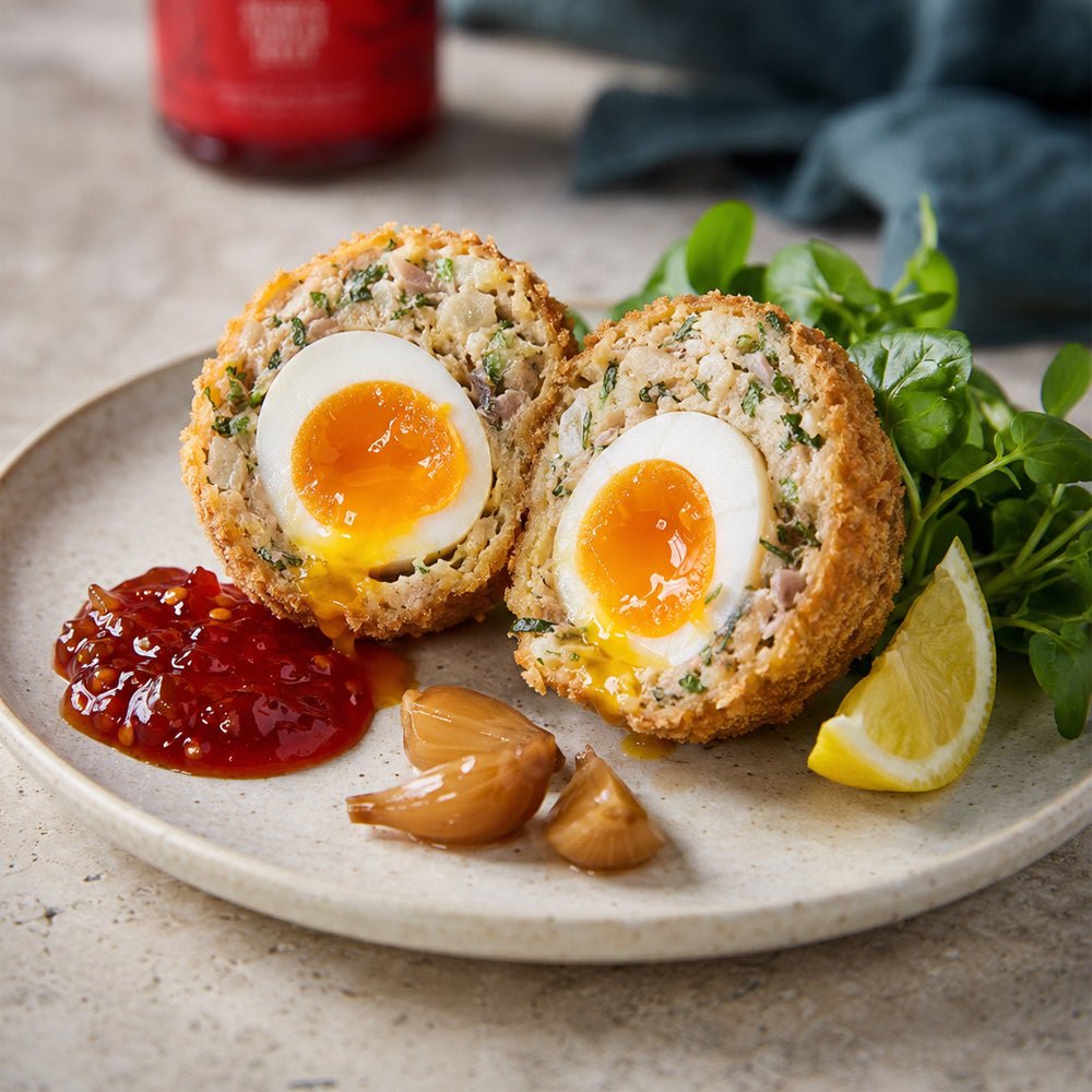 Smoked Mackerel Scotch Eggs with Pickled Shallots & Chilli Jelly - DukesHill
