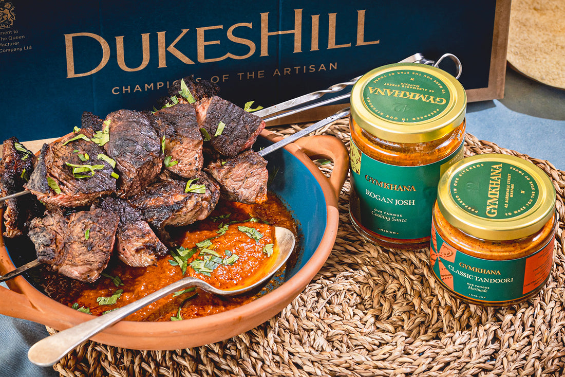 3 Grilled Tandoori Ribeye Steak Skewers on a plate 