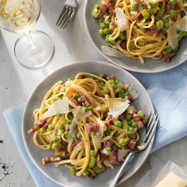 BACON, BROAD BEANS, PEAS & GOATS CHEESE LINGUINE - DukesHill